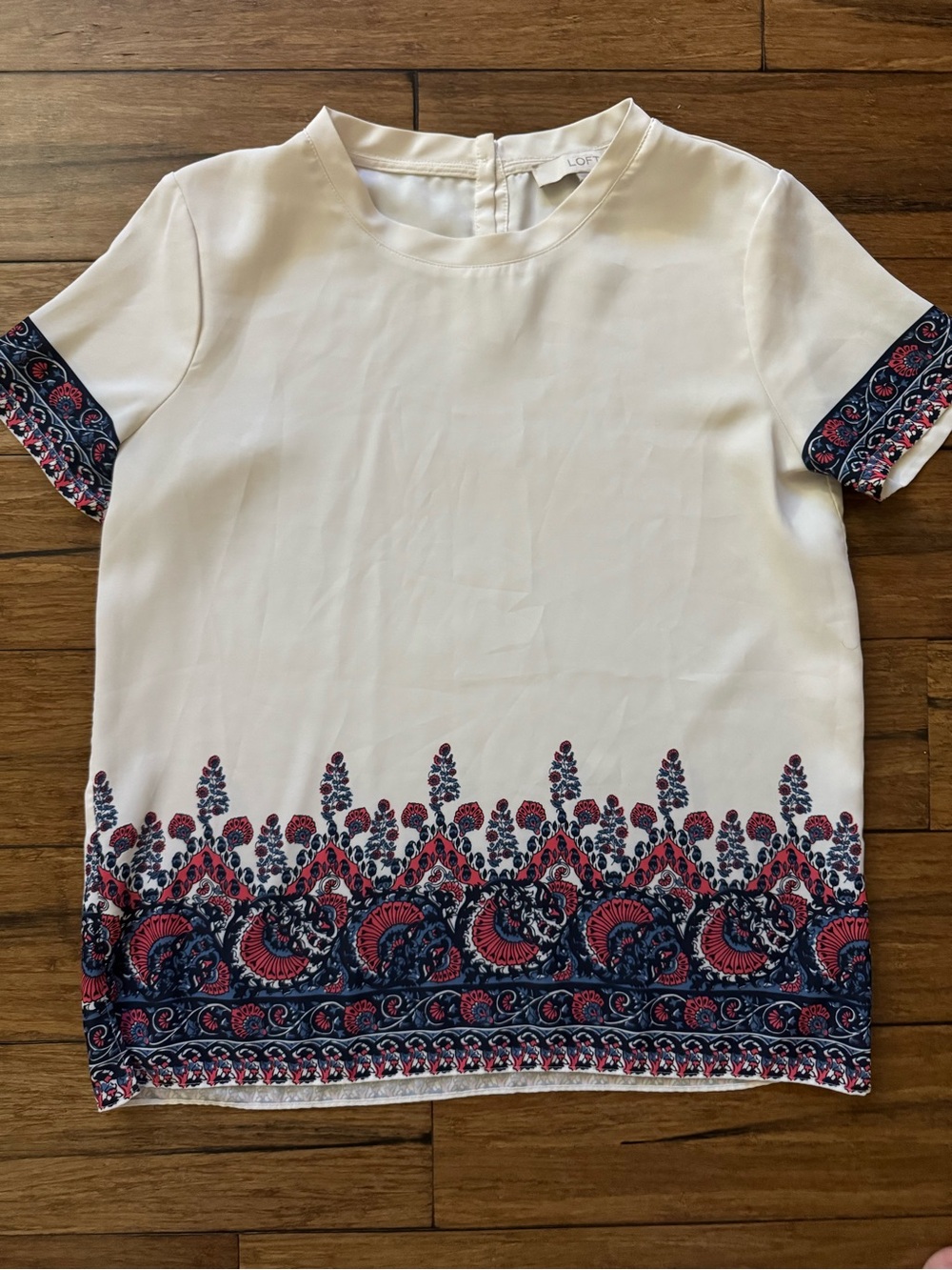 LOFT White Short-Sleeve Border Print Top, XS